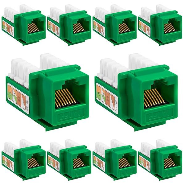 Cmple 10 Pack Cat5e Keystone Jack Insert Punch Down RJ45 Connectors 90 Degree Female for Wall Plates and Ethernet Cables Green