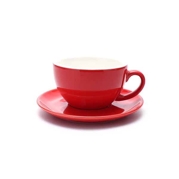 Coffeezone Manual Brew Cup & Saucer Set - Glossy Red 8.5 oz for Latte Art & Cappuccino | Perfect for Coffee Shops & Baristas