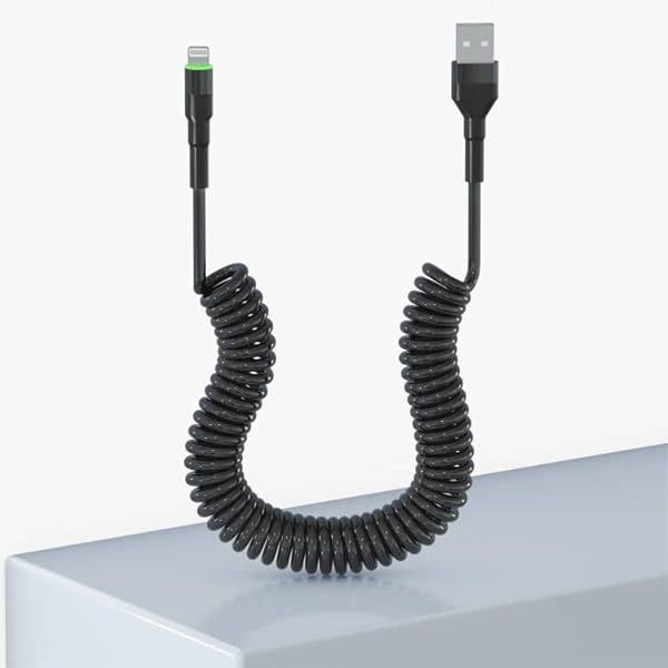 Coiled Lightning Cable for Apple Carplay MFi Certified Short USB to Lightning Retractable Charger Cord for iPhone iPad iPod with LED Data Transmission