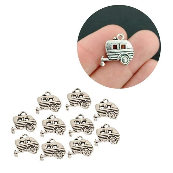 Comimark 10Pcs 18x19mm Antique Tibetan Silver 3D Camper Trailer Charms for Crafting and Jewelry Making