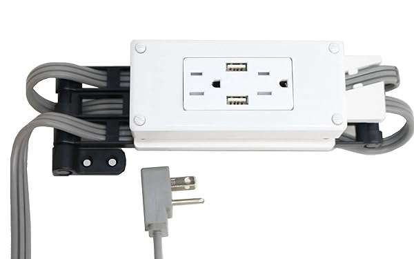 Compact In-Drawer Charging Station: 2 AC Outlets & 2 USB-A Ports with Cord Management - White