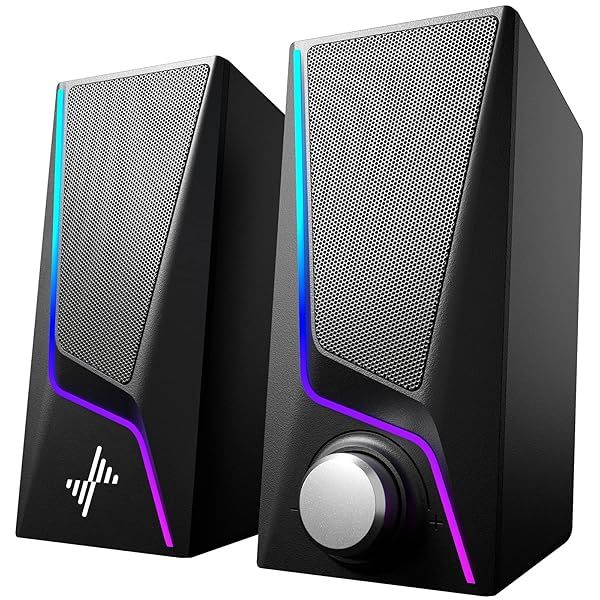 Computer Speakers, PC Speakers with 6 Lighting Modes, USB Powered Computer Speakers for Desktop Monitor with 2 Bass-Boost Ports, 2 Speaker Units, and 3.5mm Aux-in Cable for PC, Laptop, Tablet, Phone