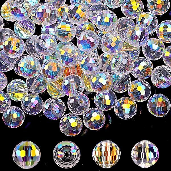 Crystal Glass Beads for Jewelry Making, 80 Pieces Crystal Beads, 10mm Glass Beads, Round Faceted Beads Bulk for Craft Necklace Bracelet Earring (AB