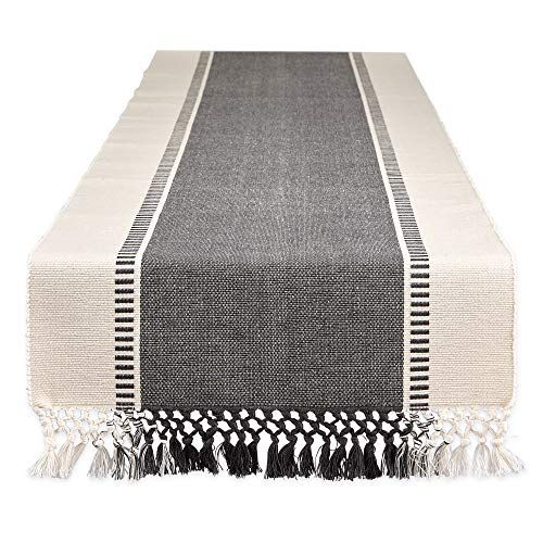 DII Dobby Stripe Woven Table Runner 13x108 Mineral Gray with Fringe for Elegant Dining Decor