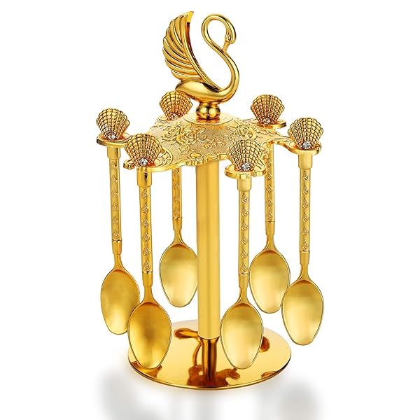 Elegant Gold Swan Base Holder with 6 Fancy Tea & Dessert Spoons - Perfect for Coffee, Ice Cream, and Mixing