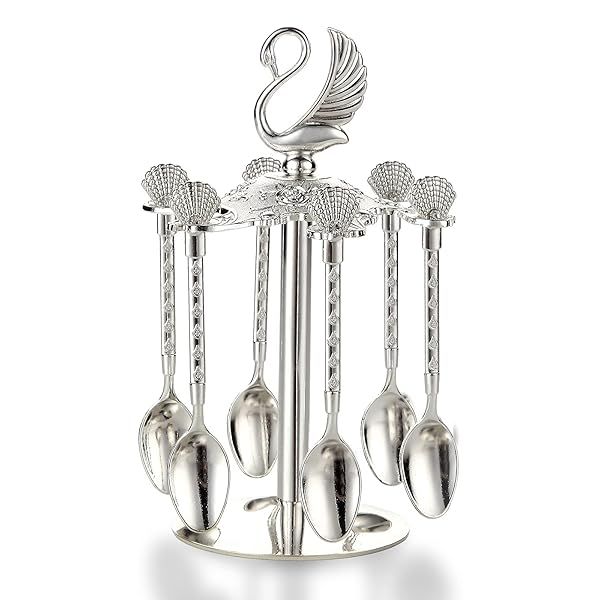 Elegant Swan Base Holder Set with 6 Teaspoons for Coffee, Desserts & Mixing - Perfect for Ice Cream & Cake (Silver)