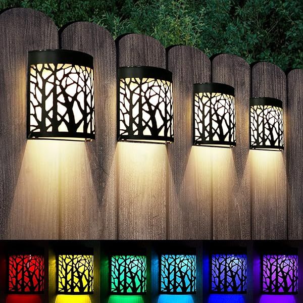 DenicMic Solar Wall Lights - Waterproof LED Sconces for Outdoor Patio, Yard & Deck - Warm White/Color Changing (4 Pack)