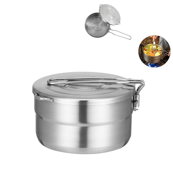 Denpetec 1.5L Stainless Steel Camping Cook Pot with Lid & Folding Handle - Ideal for Hiking, Picnics & Outdoor Cooking