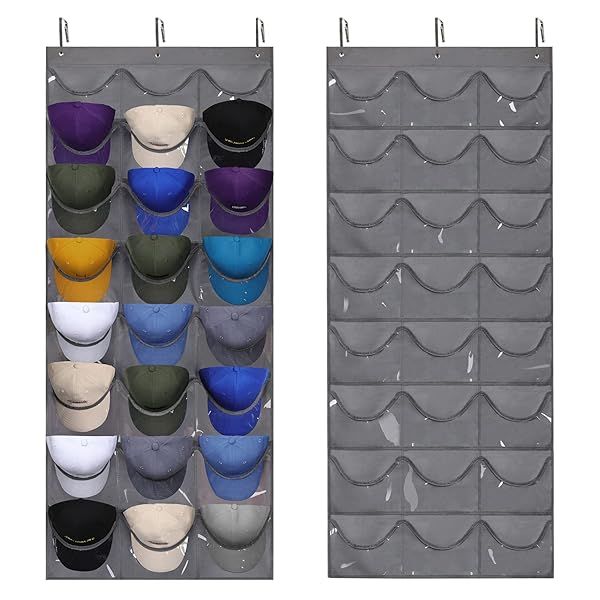 Maximize Space with Dofilachy Hat Rack - Stylish Organizer for Baseball Caps & Hats - 3 Hooks & 24 Pockets (Dark Grey)