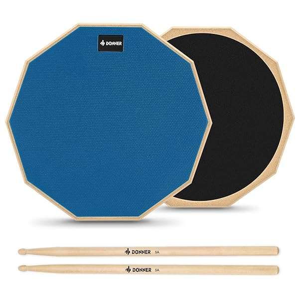 Donner 12-Inch Silent Drum Practice Pad Set - Blue 2-Sided with Sticks for Quiet Drumming