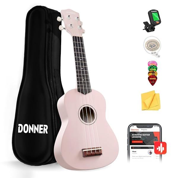 Donner Soprano Ukulele for Beginner 21 Inch Matte Ukulele Beginner Kit with Bag Strap Tuner Strings Picks Cloth, Free Online Lessons, Kids Holiday