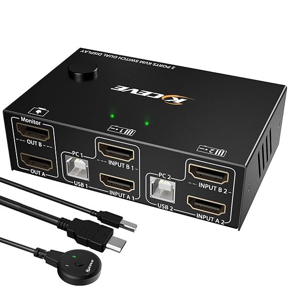MLEEDA Dual Monitor KVM Switch: 2 Port HDMI 4K@60Hz for 2 PCs, USB Hub & Cables Included