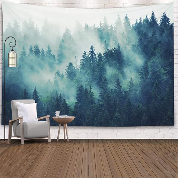 EMMTEEY Forest Tapestry - 80x60 Inch Green Nature Wall Art for Bedroom & Living Room - Scenic Mountain & Misty Pine Design