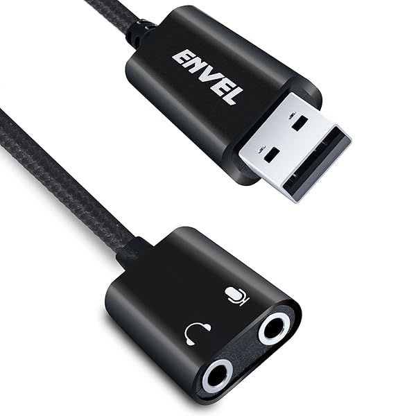 ENVEL USB to 3.5mm Audio Adapter External Stereo Sound Card for PS4 PS5 PC Laptop with Built-in Chip Mic Support Black Pro