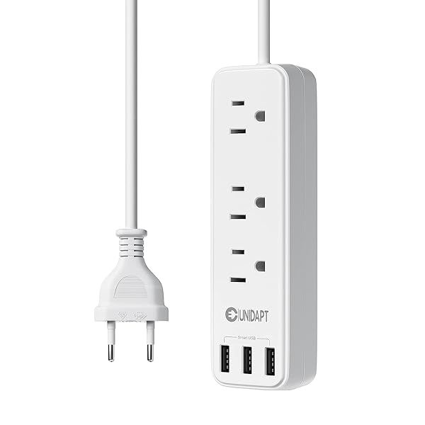 European Travel Plug Adapter, Unidapt International Power Strip, US to Europe USB Extension Cable, Plug Adapter for EU with 3 USB Ports and 3 AC
