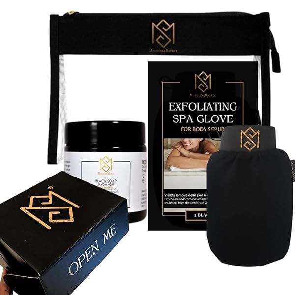 Exfoliating Glove Kessa Mitt Body Scrubber Dead Skin Remover Shower Glove for Deep Pore Cleansing by MoroccanSource 3 Piece Spa Set