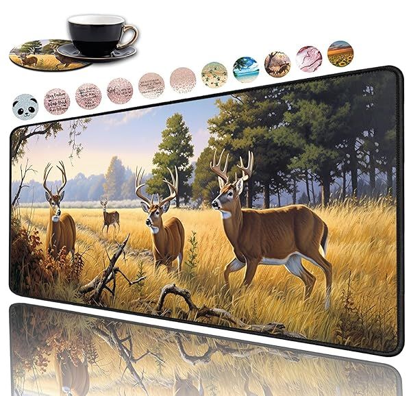 Large Non-Slip Gaming Mouse Pad with Cup Coaster - Perfect for Office & Study | Animal Deer Design