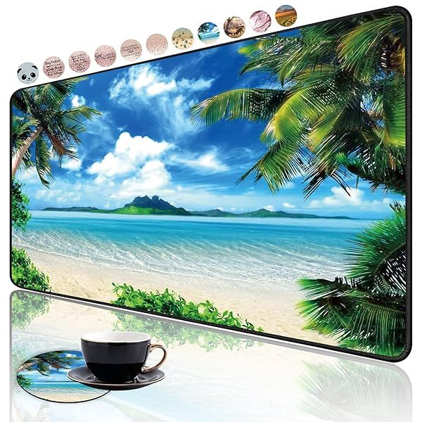 Large Gaming Mouse Pad with Ocean Waves Design | Non-Slip Rubber Base & Cup Coaster for Office & Study