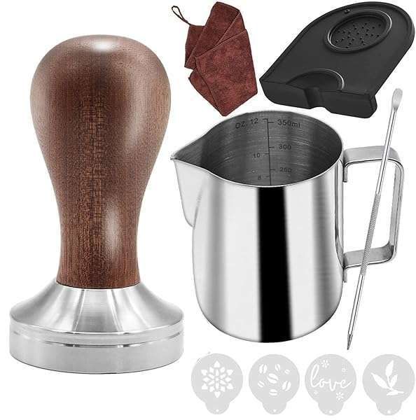 Ezebesta 51mm Coffee Tamper Set: Barista Kit with Wooden Tamper, Frothing Pitcher, Mat & Latte Art Pen