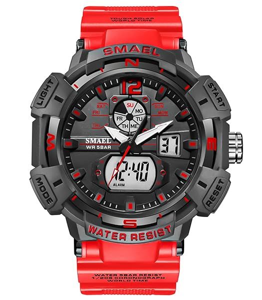 FANMIS Mens Analog Digital Sports Watch Waterproof Military Wrist Watch with Date LED Army Stopwatch Large Face Outdoor Tactics Red Band