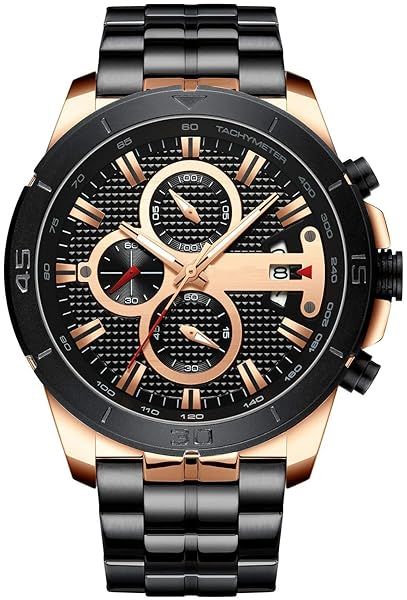 FANMIS Mens Luxury Waterproof Chronograph Watch Stainless Steel Analog Quartz Black Dress Watch