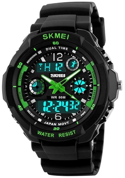 Fanmis Unisex Sport Watch Multifunction Green LED Light Digital Waterproof Shock Wristwatch Green