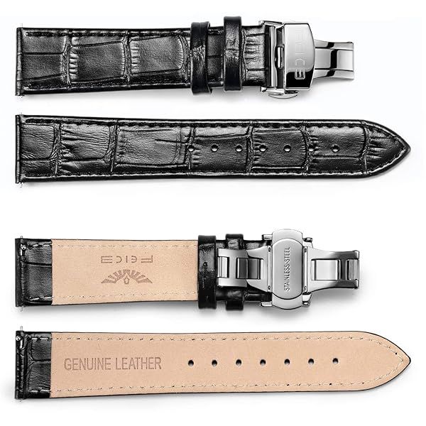 FEICE Black Genuine Leather Watch Band Calfskin Straps with Deployment Buckle for Stylish Timepieces