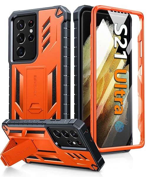 FNTCASE Military Grade Rugged Case for Samsung Galaxy S21 Ultra with Kickstand Shockproof TPU Protection Orange 6.8 inches