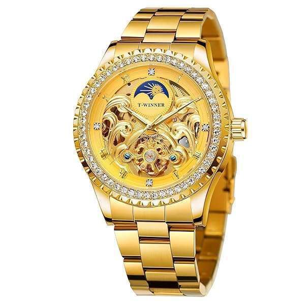 FOR SINING Men's Luxury Waterproof Mechanical Watch: Diamond Moon Phase & Skeleton Design