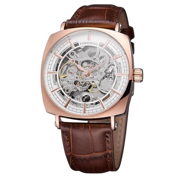 Forsining Men's Automatic Self-Winding Skeleton Square Watch with Leather Strap Quality Timepiece