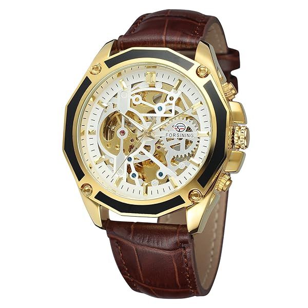 Forsining Men's Skeleton Mechanical Watch Automatic Movement with Genuine Leather Strap Stylish Male Clock