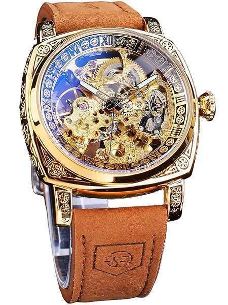 FOR SINING Luxury Retro Mechanical Watch for Men - Hollow Skeleton Automatic Wristwatch with Vintage Leather Strap