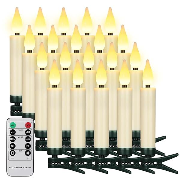 FREEPOWER Flameless Christmas Tree Taper Candles with Remote Control and Timer Pack of 20 Ivory for Home Decor