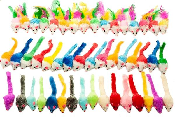Fashion's Talk 48 Count Assorted Mice Cat Toys Furry Rattle Mouse Kitten Toy Mini Mice for Indoor Cats Interactive Play Color Varies