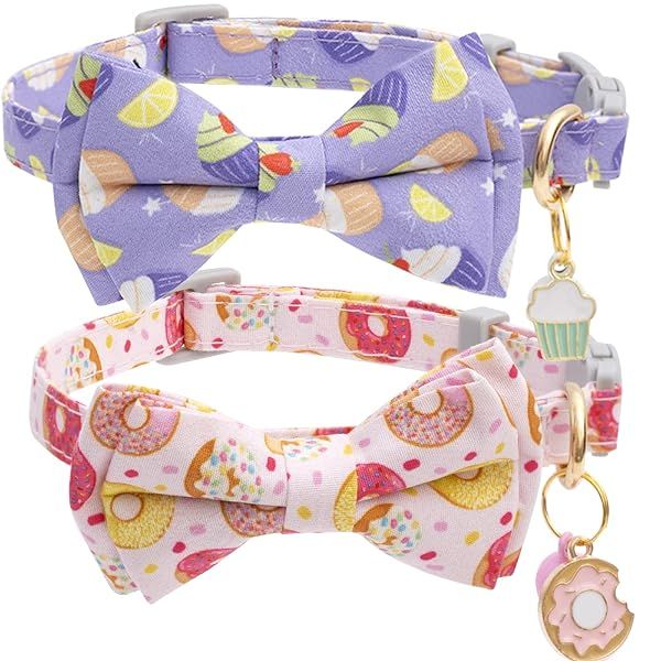 Faygarsle 2 Pack Cute Cat Collars with Bell Breakaway Bowtie Soft Pink Purple Ice Cream Doughnuts Pattern for Male Female Cats