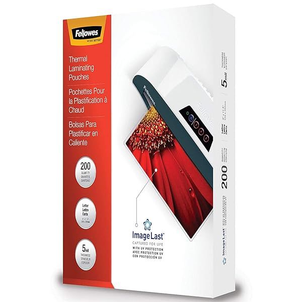 Fellowes Thermal Laminating Pouches 5 Mil, 200 Pack - Jam Free, Letter Size, ImageLast Quality