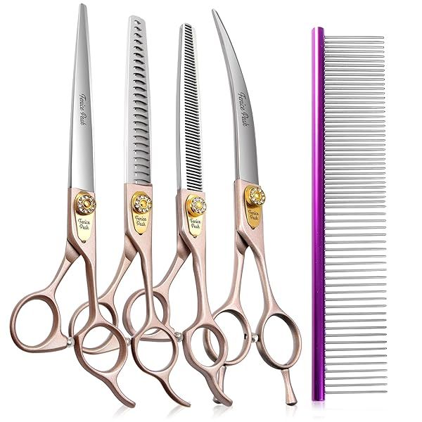 Fenice Peak 7 Inch Professional Dog Grooming Scissors Set Rose Gold 440C Stainless Steel 4pcs for Pet Grooming Dogs and Cats