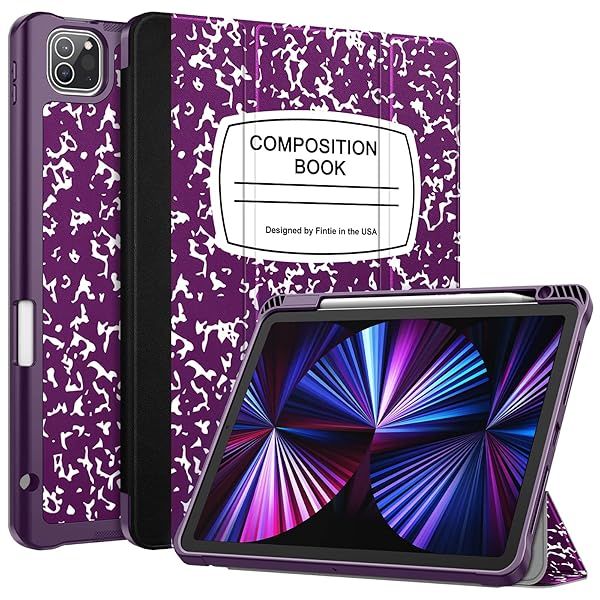 Fintie SlimShell Case for iPad Pro 11 inch 4th 3rd Generation Soft TPU Stand Cover with Pencil Holder Composition Book Purple