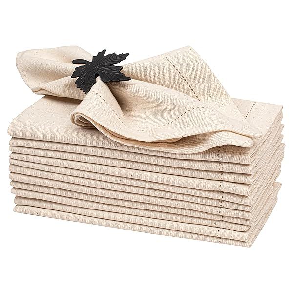 Premium Hemstitched Flax Linen Napkins Set of 12 - Washable 18x18 Dinner Cloth Napkins for Elegant Dining