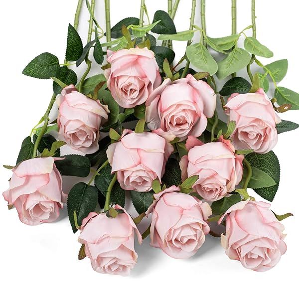 10pcs Light Pink Artificial Rose Flowers - Long Stem Silk Roses for DIY Wedding Bouquets & Home Decor