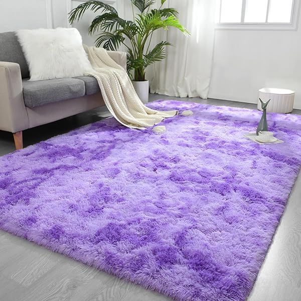 FlyDOIT Purple Tie-Dyed Large Shaggy Rug 4x6 Feet Ultra Soft Plush Carpet for Living Room Bedroom Kids Nursery Home Decor
