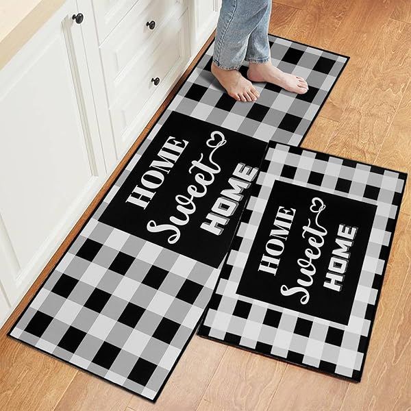 Forfunyou Kitchen Rugs 2PCS Soft Cushioned Non-Slip Mats Washable for Home Kitchen Floor Sink Laundry Black and White