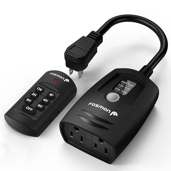Fosmon Outdoor Timer with Remote Control: Waterproof Dusk to Dawn Plug-in for Lighting, 100 ft Range, 15A UL Listed
