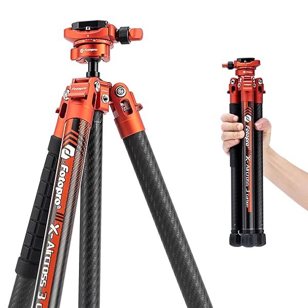 Fotopro Carbon Fiber Tripod 1.7lbs Ultralight 62 Inch Portable Compact Travel Tripod for Camera DSLR Load up to 22lbs X-Aircross 3 Lite Orange