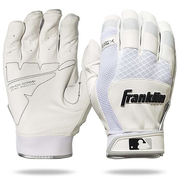 Franklin Sports MLB Shok Sorb Padded Batting Gloves for Adults & Youth - White, Medium Size for Baseball & Softball