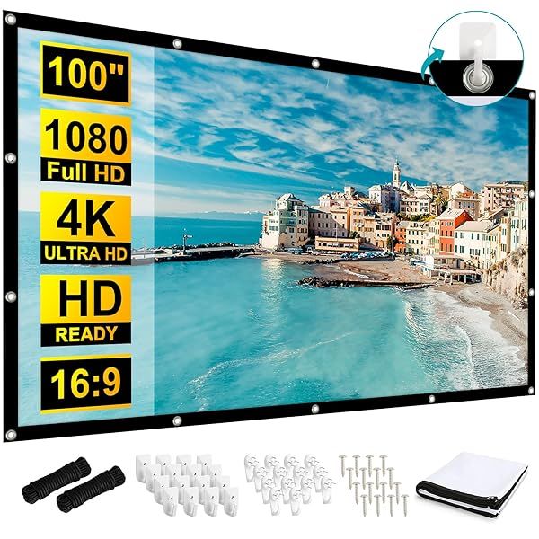 Frocopo 100 Inch Double Sided Washable Outdoor Projection Screen for Camping Home Theater Office Portable Anti-Crease 16:9 Foldable