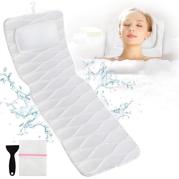 Full Body Bath Pillow with Mesh Washing Bag and 21 Non-Slip Suction Cups for Ultimate Head Neck Shoulder and Back Support