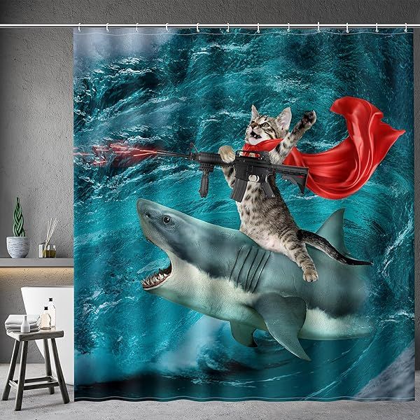 Funny Shark Cat Shower Curtain Cute Cat Riding Shark Ocean Decor 72x72 with 12 Hooks for Adults Bathroom Accessories Blue Red