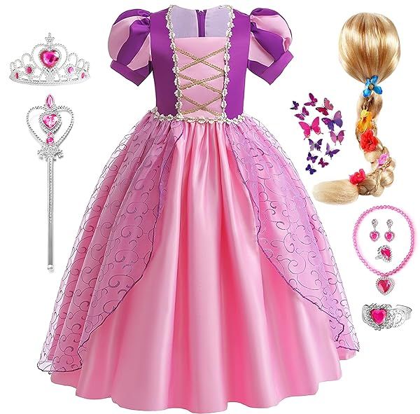 G.C Girls Rapunzel Dress Princess Costume Toddler Puff Sleeve Dress with Wig Crown Wand Jewelry for Halloween Birthday Party Supplies