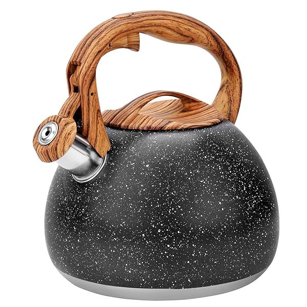 GGC Tea Kettle Loud Whistling 3.1 Quart Heavy Stainless Steel Starry Black with Wood Handle for Boiling Water Coffee or Milk